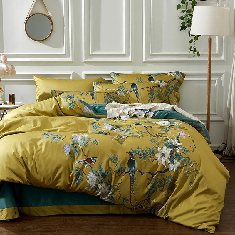 mixinni Floral Duvet Cover Set Full Soft Cotton White Flowers Birds Bedding with Zipper Closure 2 Pillowcases Leaf Printed Yellow Comforter Cover Set-Easy Care  Soft and Durable-Full Size - Image 1